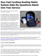 Duo-Fast Cordless Roofing Nailer System Adds No-Questions-Asked One-Year Service