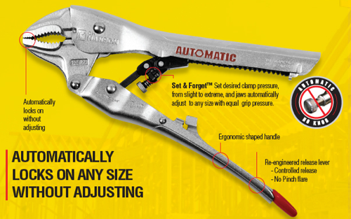 C.H. Hanson, manufacturer of the innovative Precision Ball Level, announces the introduction of its Automatic line of locking pliers and clamps. Automatics are seven times faster, two times stronger and 100 percent easier to use than traditional locking pliers on the market. Plus, the tools lock onto any size item without adjusting.