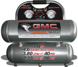The New GMC SYCLONE 4610A Ultra Quiet & Oil-Free Portable Air Compressor is one of the quietest (60 dbs) and lightest twin-tank (44 lbs) air compressors in the industry.