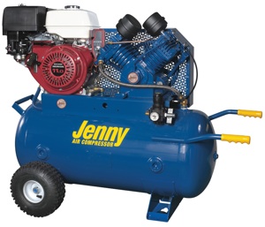 The Jenny W11HGB-30P is equipped with an 11-horsepower Honda GX-Series engine with electric start. It includes a 30-gallon, ASME-certified air tank with a durable powder coat. The compressor produces 21 CFM at 100 PSI or 17.6 CFM at 175 PSI.
