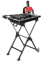The Tile Doctor Pro 950 Table Saw includes a laser guide for precision alignments and cutting and a patented folding stand that is easy to hold and lightweight.