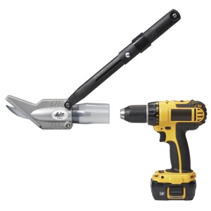 The Malco TurboShear Drill Attachment is specialized for cutting 1/2-in. (12.7 mm) fiber-cement backerboard.  The drive shaft of this one-hand operation accessory quickly inserts into the chuck of a corded or cordless electric drill. 