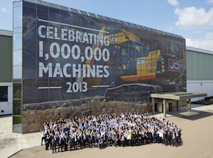 Employees celebrate the manufacture of JCB's one millionth machine in Staffordshire. Employees celebrate the manufacture of JCB's one millionth machine in Staffordshire.