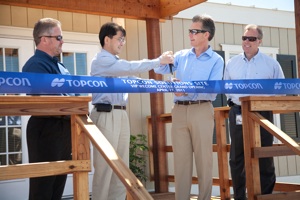 Topcon Positioning Systems (TPS) on April 27 officially opened Phase 1 of the renovation of the 12-acre acre training and test site and dedicated the new VIP Welcome Center. Pictured from left: Mark Contino, Mick Yamazaki, Ray O&rsquo;Connor, Mark Bittner.