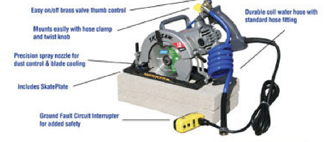 The SkatePlateH20 is a standard SkatePlate equipped with a water jet system that greatly reduces if not eliminates dust making, and as such is the perfect solution for tile, granite, masonry, concrete, or any like task. The SkatePlateH20 is a standard SkatePlate equipped with a water jet system that greatly reduces if not eliminates dust making, and as such is the perfect solution for tile, granite, masonry, concrete, or any like task.