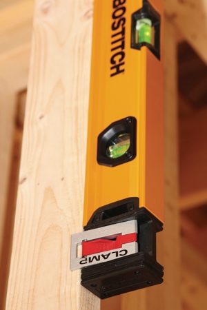 The Bostitch clamping level features torsion springs and  aggressive teeth for a secure grip and hands-free use on dimensional  lumber