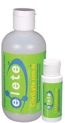 elete CitriLyte Add-In is a patent-pending electrolyte concentrate formulated to make functional electrolyte water for workers without calories, sugars, or artificial ingredients. elete CitriLyte is more efficient than water alone, less expensive, requires less clean up than sports drinks, and is suitable for most, if not all, of the work force under the most grueling conditions of physical labor in high heat over a full work shift. 