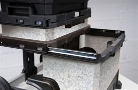 The Stanley model 020586R Rolling Workshop features ball-bearing  glide compartments.